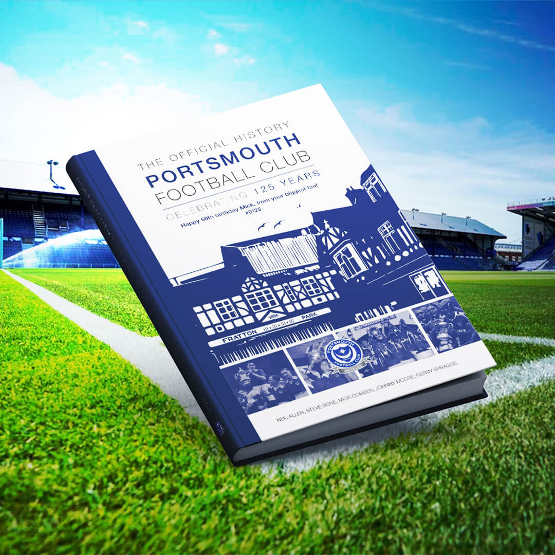Portsmouth FC 125 Year Anniversary coffee table book mocked up on an image of Fratton Park, Portsmouth's stadium.
