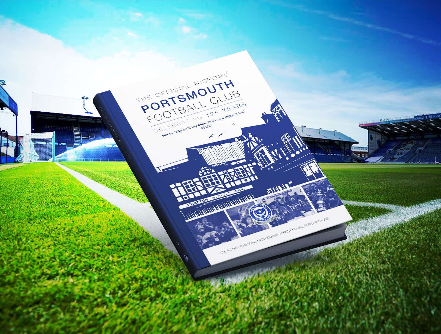 Portsmouth 125 case bound book, Fratton park in the background