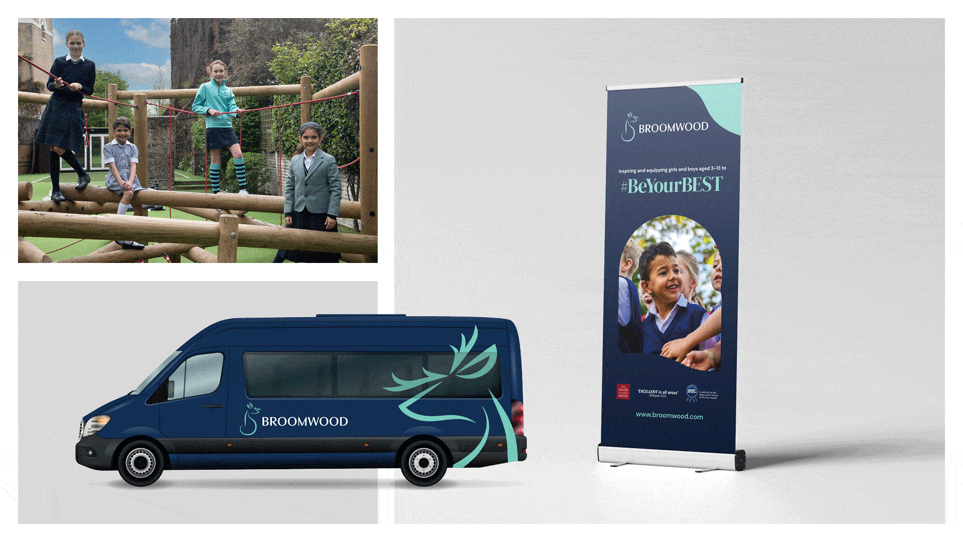 Broomwood branding, including uniform, bus and roller banners