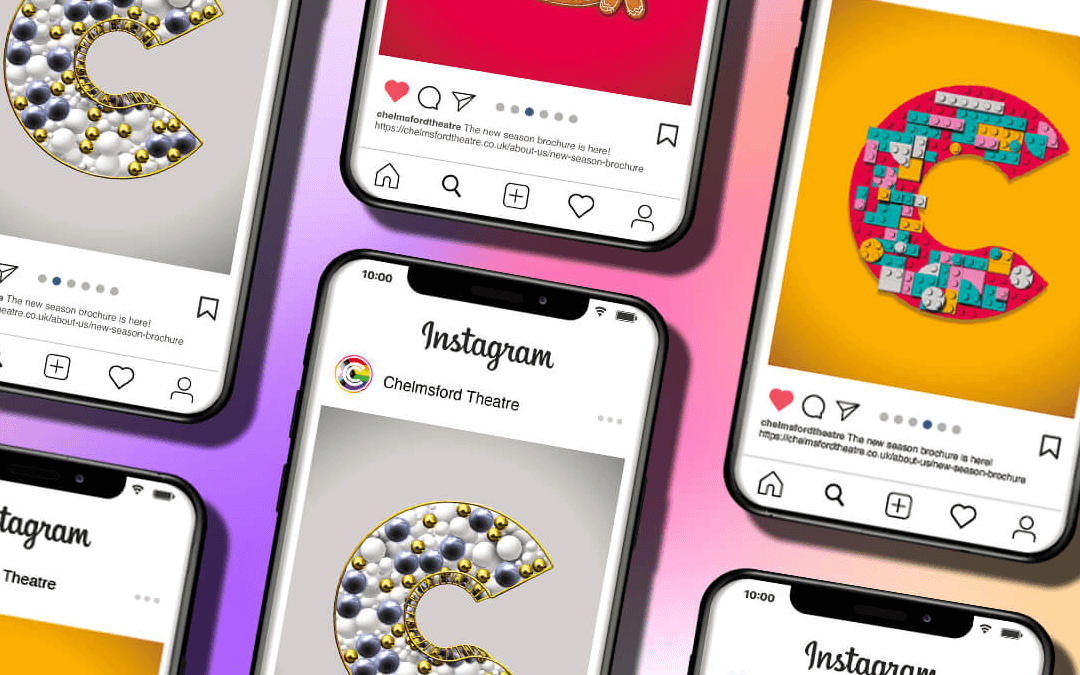 Chelmsford C designs mocked up on phones for social media.