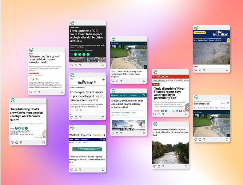 Examples of the news posts that featured the Earthwatch Europe Great UK Waterblitz report. Ranging from major UK publications such as The Guardian, The Independent and The Telegraph.