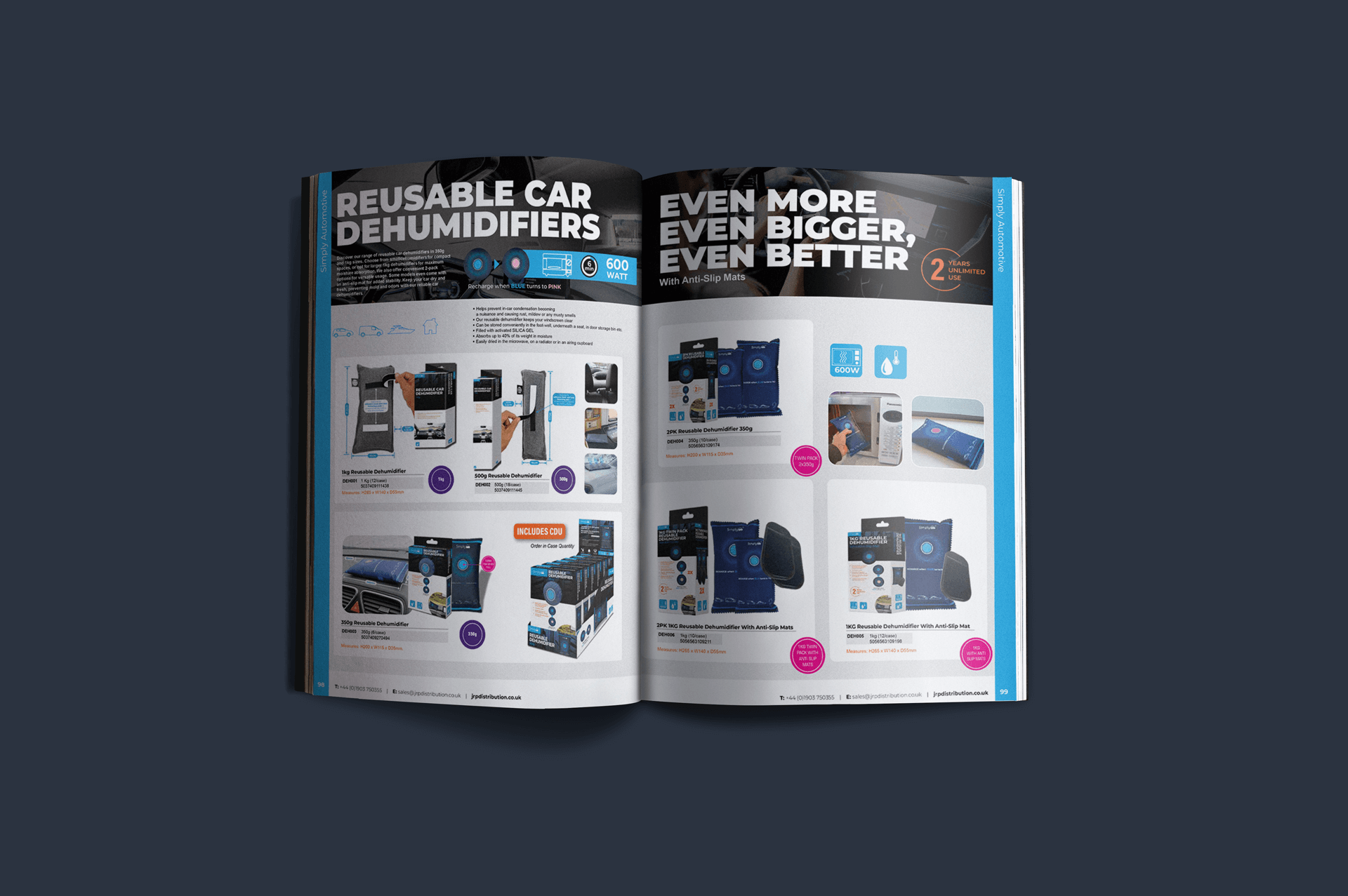 JRP main catalogue inside spread showcasing reusable car dehumidifiers.