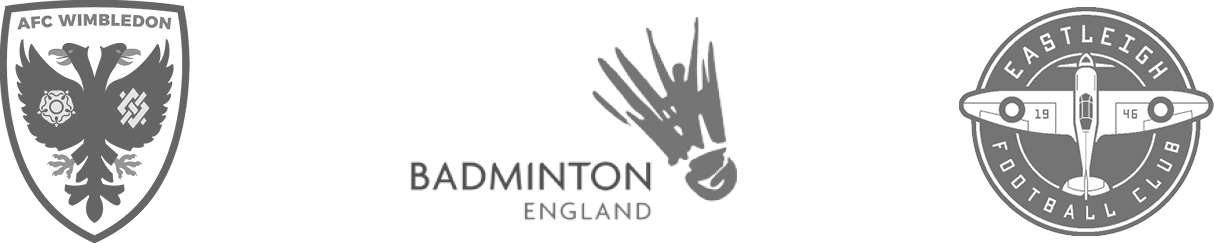 Client logos of AFC Wimbledon, Badminton England and Eastleigh FC