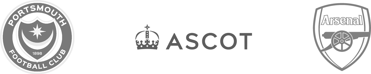 Client logos of Portsmouth FC, Ascot and Arsenal