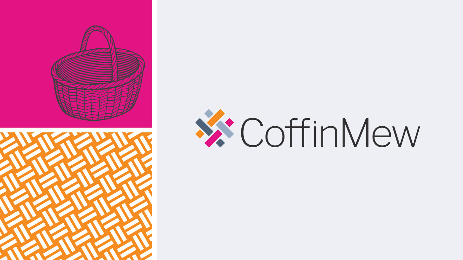 Coffin Mew rebrand assets including logo and pattern