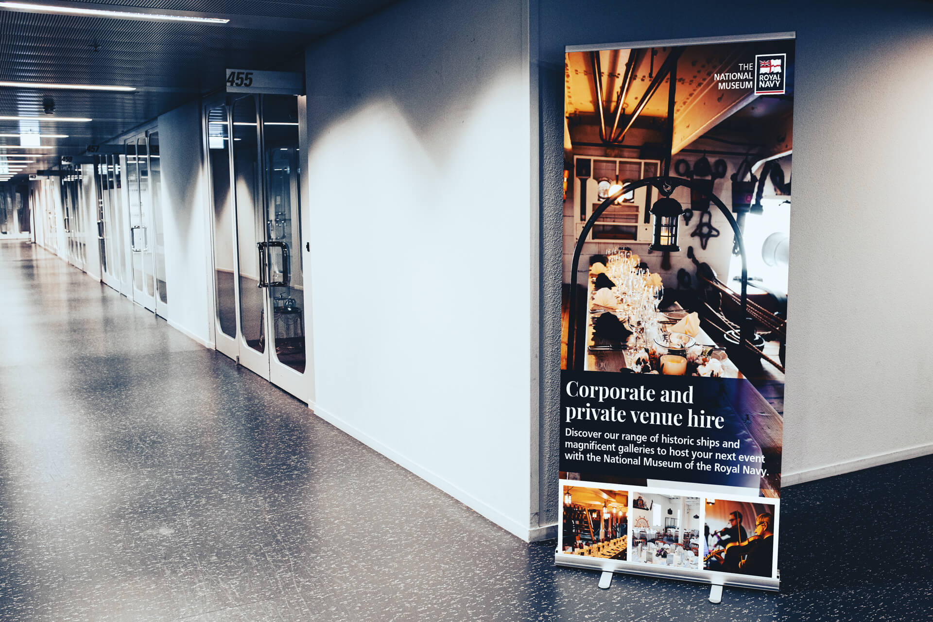 Events roller banner in hallway