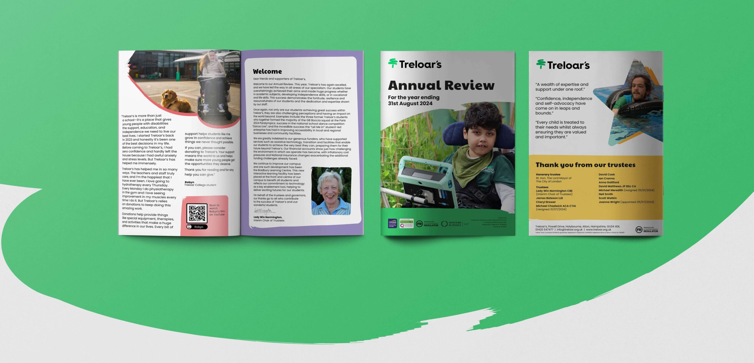 Cropped AR cover and spread copy-min (1) Annual Report covers and spread showing the inside of the report. On a green and white background.