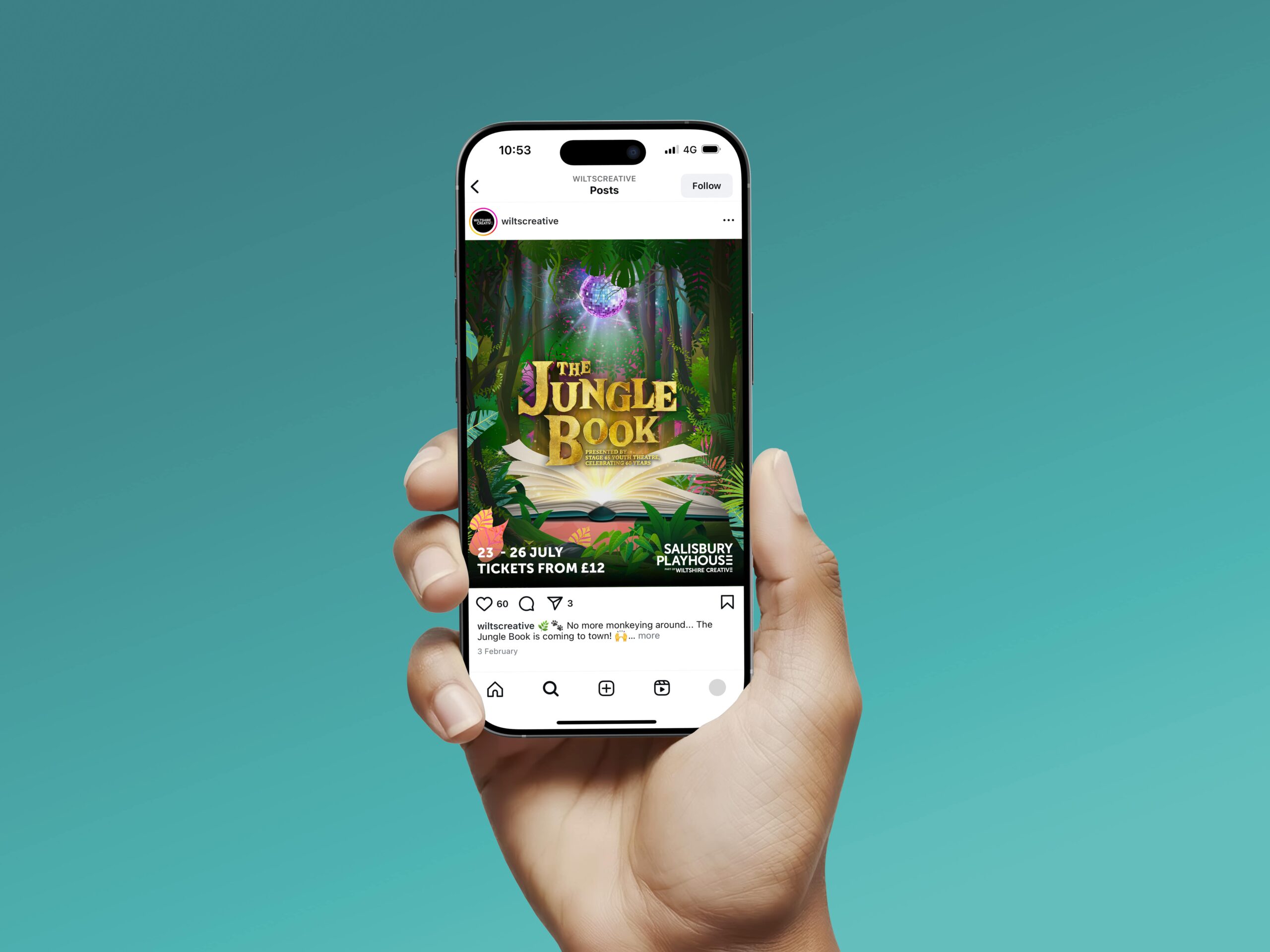 A hand holding a phone showing an Instagram feed. The feed shows a social post from Wiltshire creative promoting their jungle book show at the Salisbury Playhouse 23-26 July with tickets from £12. Image is mocked up on a turquoise background.