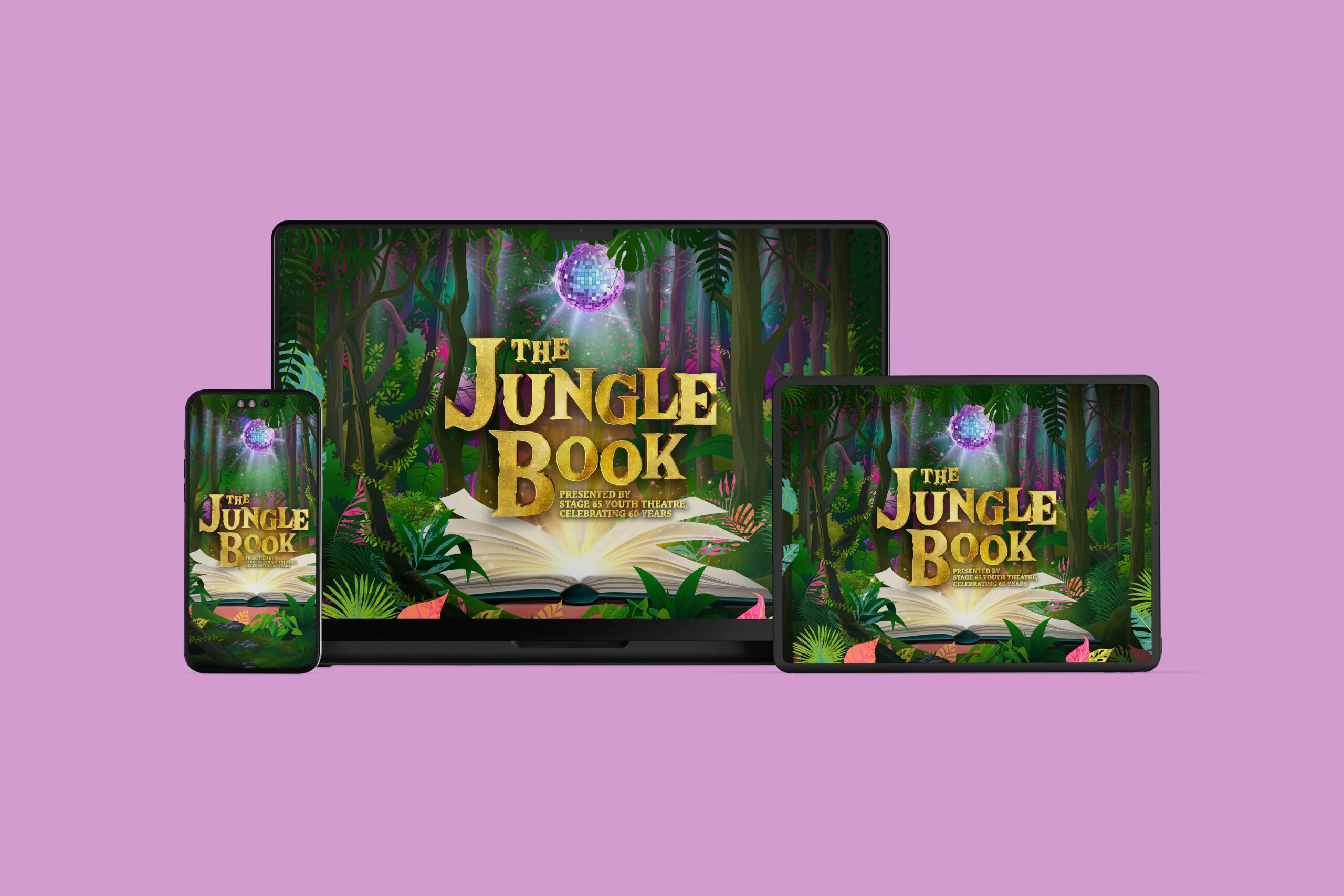 Jungle book final creative demonstrated on a mobile phone screen, tablet screen and a laptop screen on a lilac coloured background.