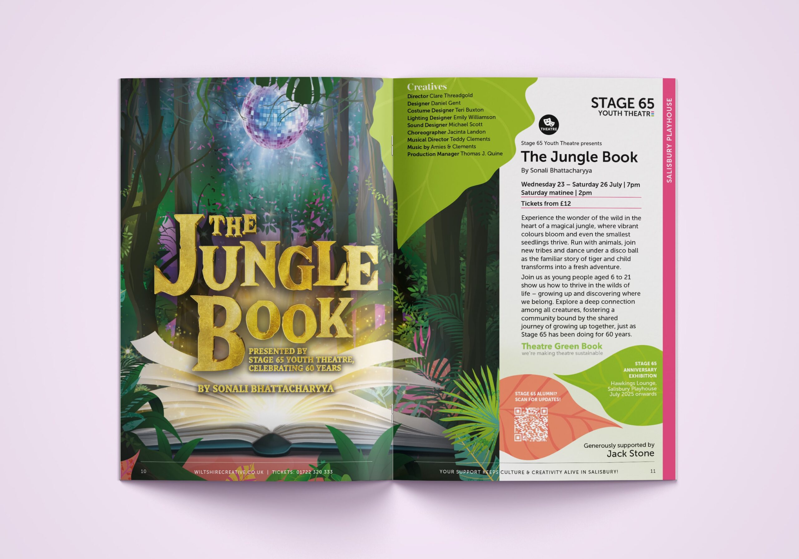 Close mock-up of the jungle book double page spread in wiltshire creative's season brochure, mocked up on a lilac background.