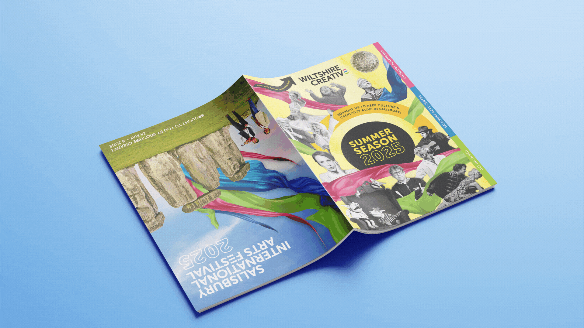 mock up animation showing both sides of the season brochure when it is flipped, on a light blue background