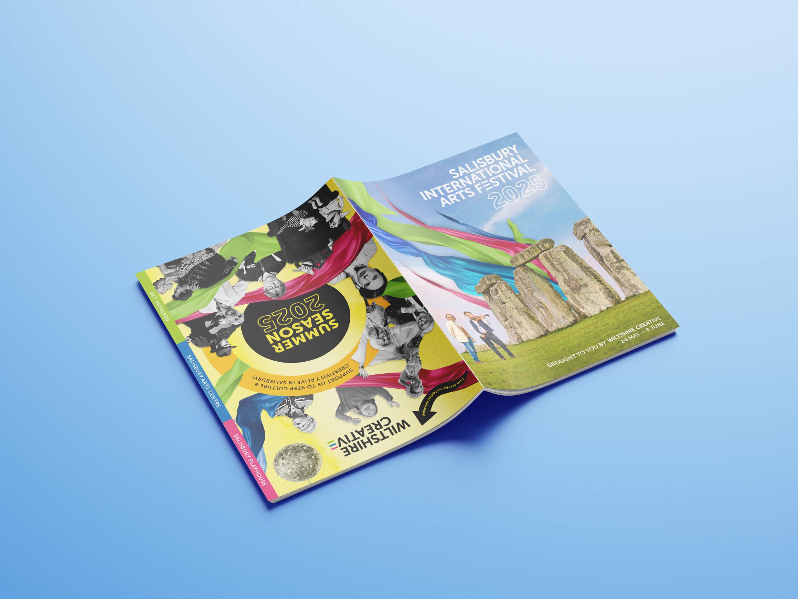 Wiltshire Creative summer season brochure front cover spread showing the split cover design with the Salisbury international arts festival 2025 shown.