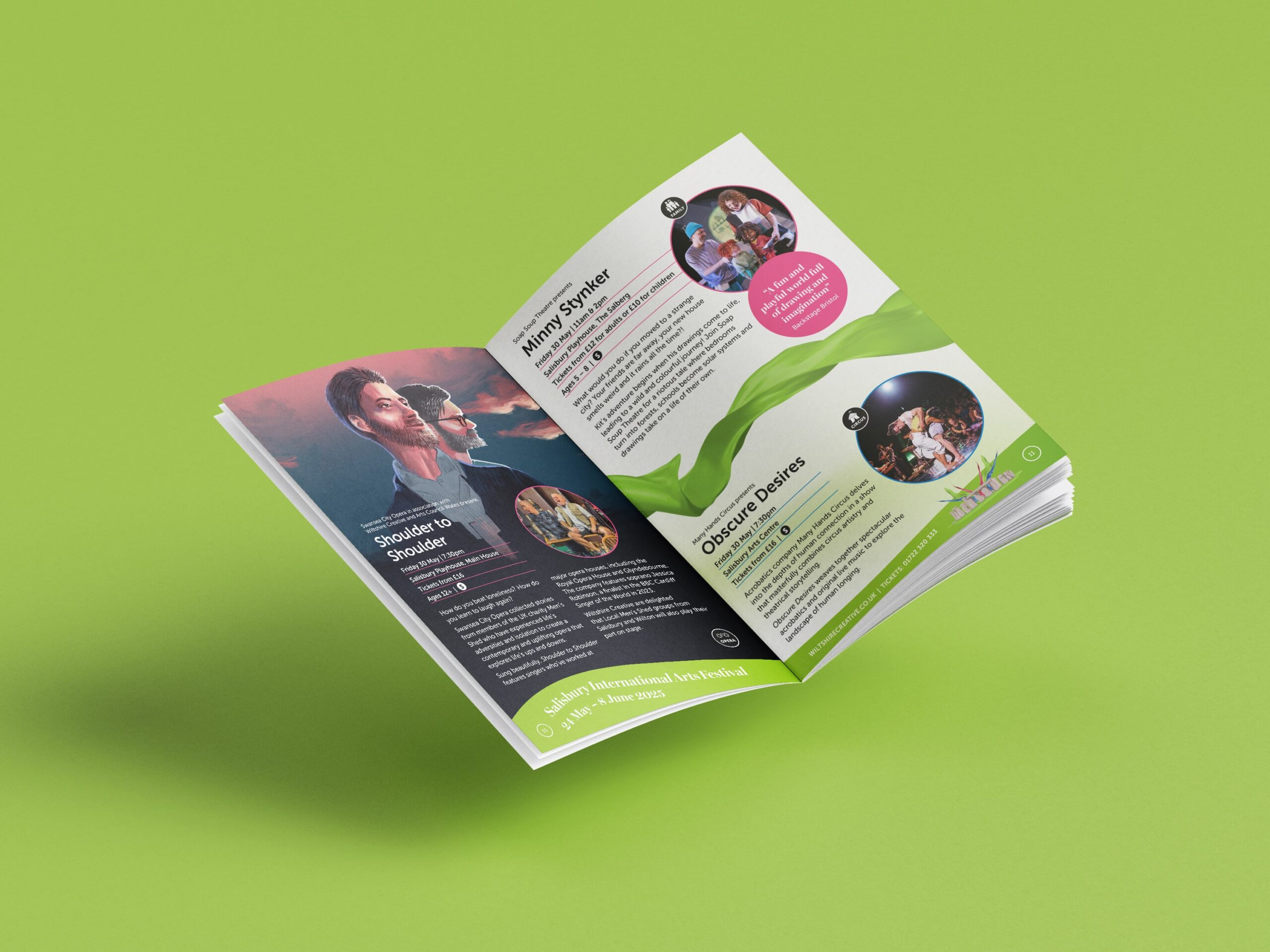 Wiltshire Creative Summer season 2025 brochure inside spread showing 3 shows