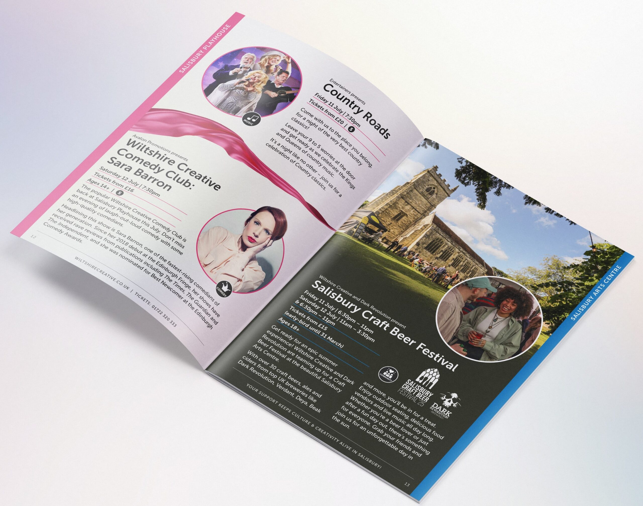 Wiltshire creative summer season 2025 brochure showing the inside spread and the different shows.