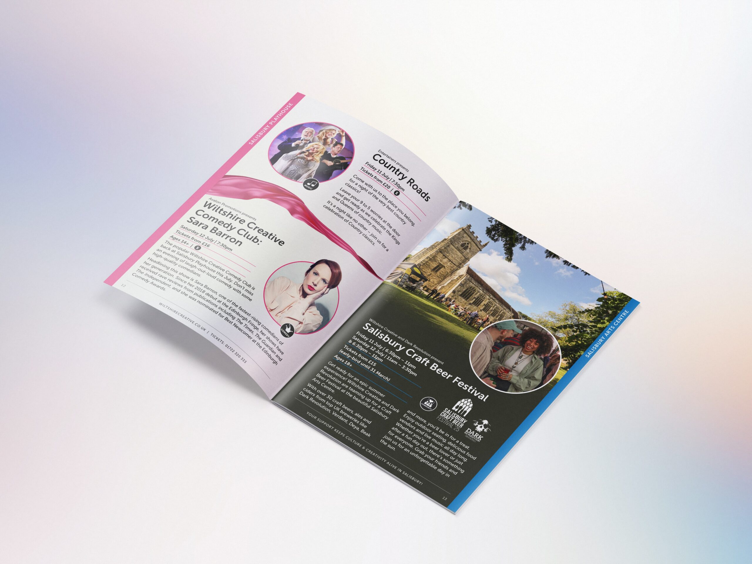 Wiltshire creative summer season 2025 brochure showing the inside spread and the different shows.