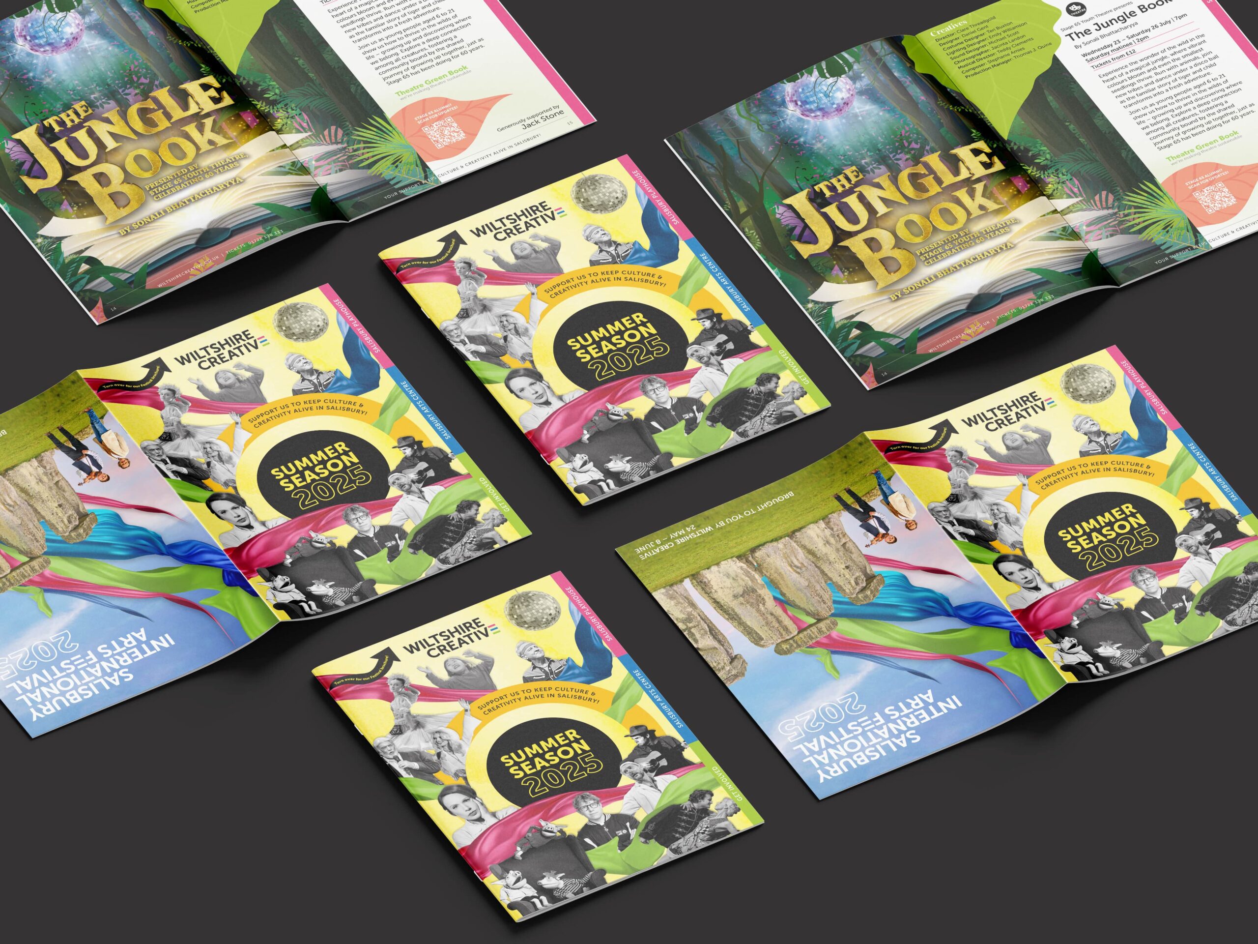 Mock ups of the Wiltshire Creative summer season 2025 brochure showcasing the front covers and the spread of the inside of the cover.