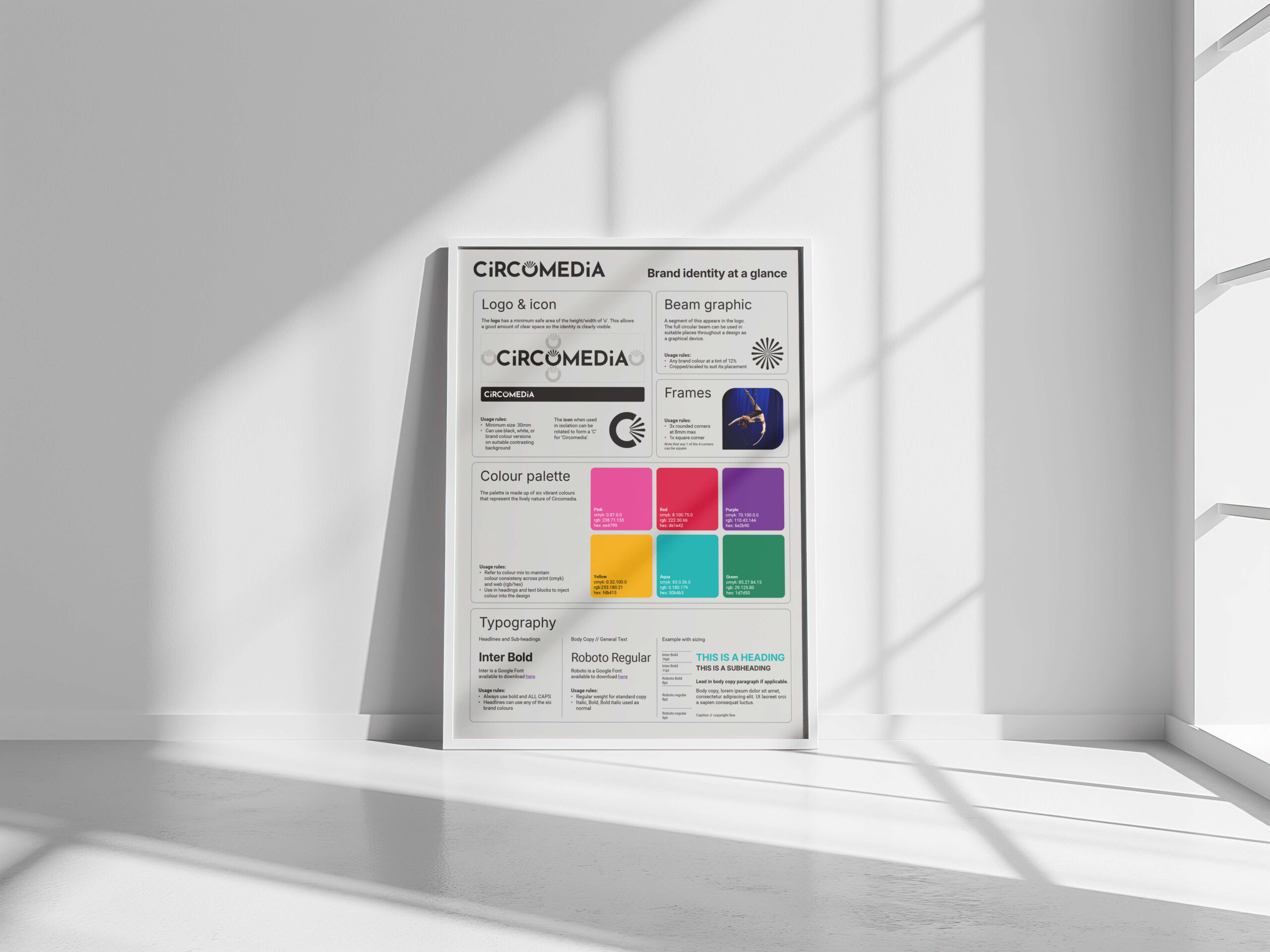 Circomedia brand identity at a glance poster in a white room with the sunlight shining through a window on to it.