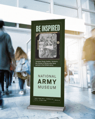 Showcase of banners and signage designed by TGDH for clients like National Army Museum and Hatfield House