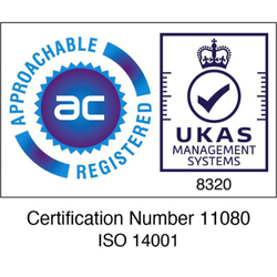 Logo showcasing the ISO 14001 accreditation that Bishops Printers and The Mailing People hold.