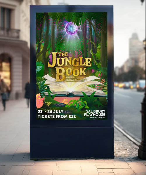 Jungle Book Screen mock up 500x600px Jungle book creative shown on a foot path next to a road.