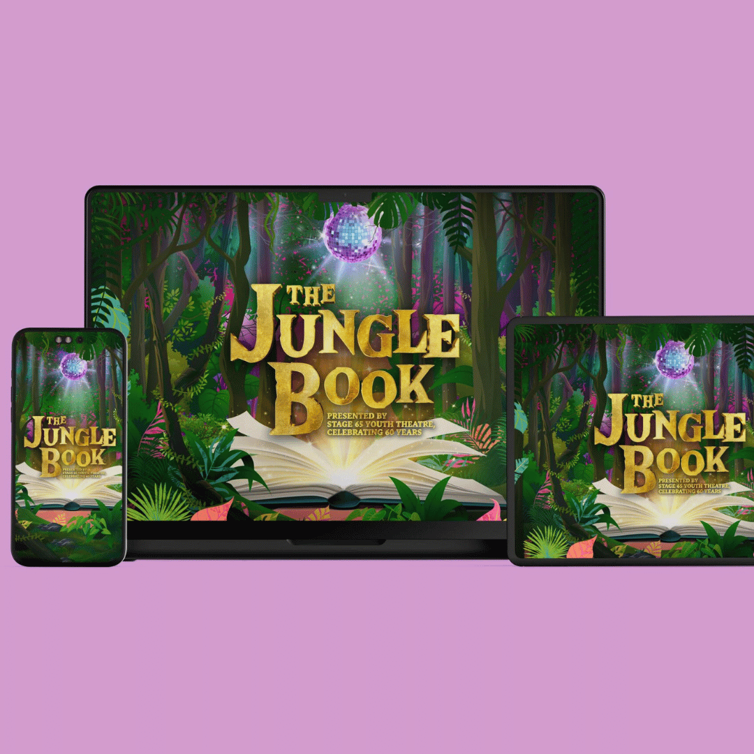 Jungle book final creative demonstrated on a mobile phone screen, tablet screen and a laptop screen on a lilac coloured background.