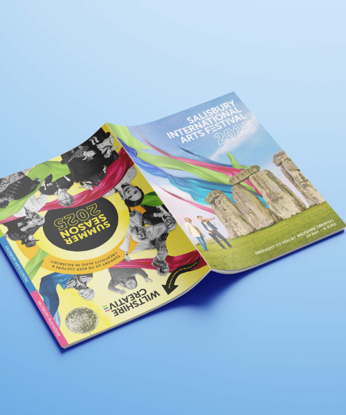 Wiltshire Creative Festival cover 500x600px Wiltshire Creative summer season brochure front cover spread showing the split cover design with the Salisbury international arts festival 2025 shown.