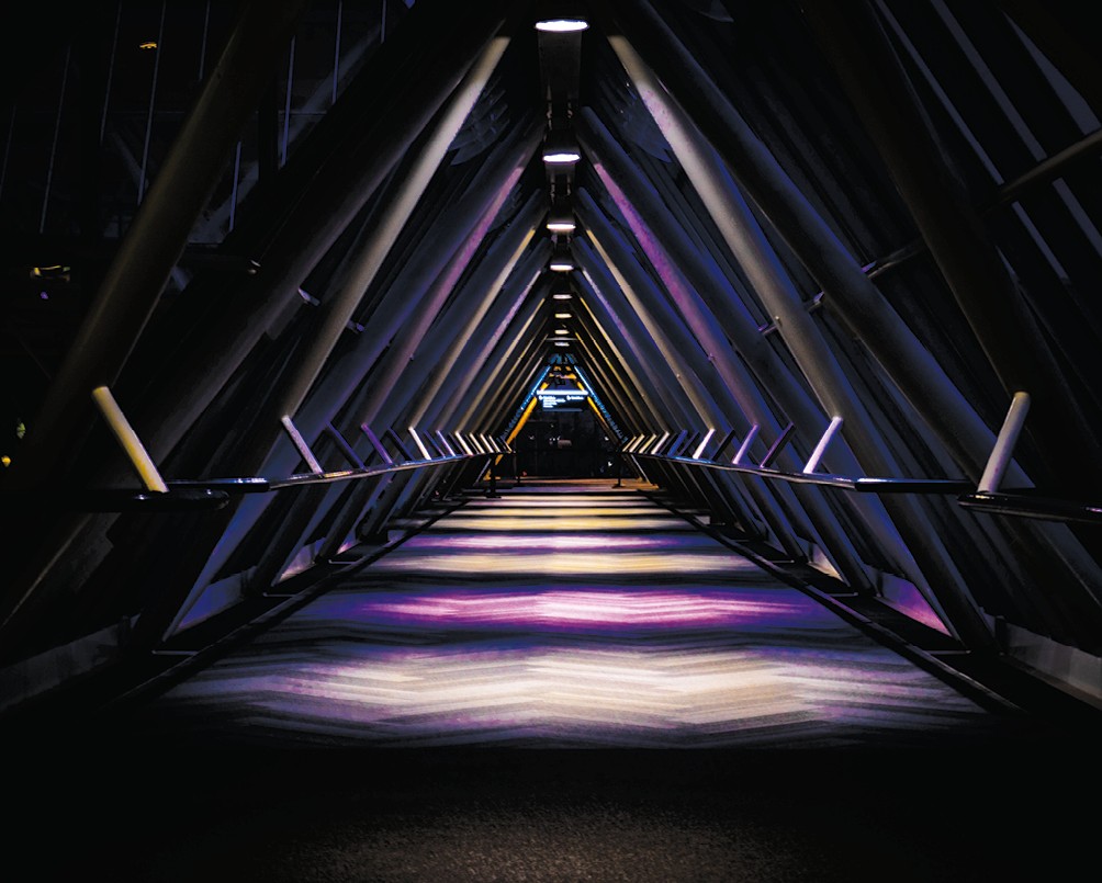 Moodboard idea showcasing a corridor with metal beams that form the shape of an 'A' for Alleyns School