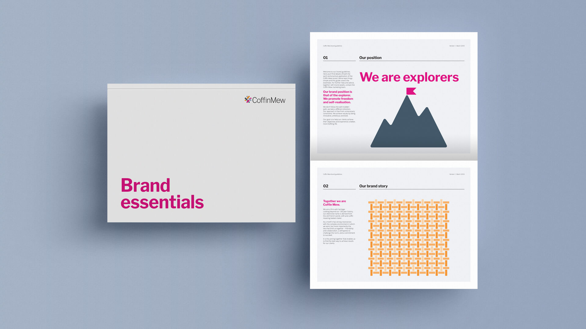 Mock-up of the coffin mew brand book which details things like their position and brand story to their staff.