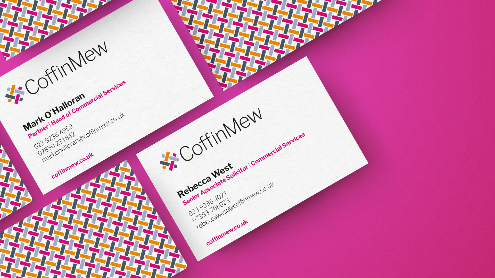 A mock-up showing the rebranded Coffin Mew Businesses cards on a bright pink background.