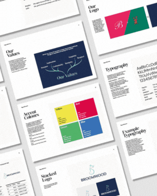 A gif that showcases some of the colour palette and typography work we have designed for clients such as Broomwood School, the Oxford Cultural Programme and Coffin Mew.