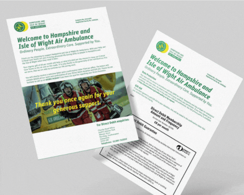 A before and after of the design of the leaflet welcome leaflet for Hampshire & Isle of Wight Air Ambulance showcasing a much more visual, clean design.