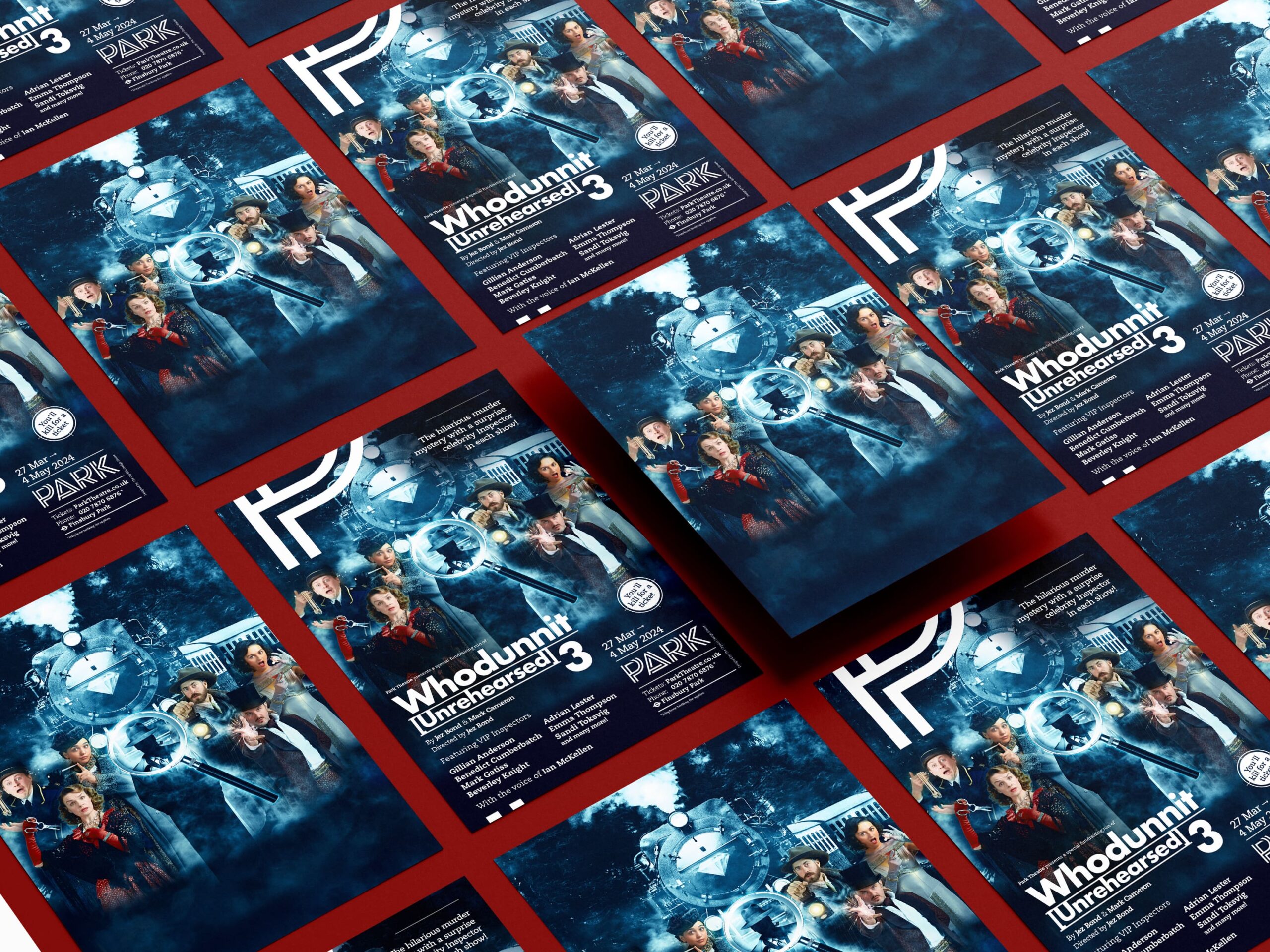 Mock-up of the park theatre whodunnit theatre show leaflet on a red background, showing event details, cast and imagery.