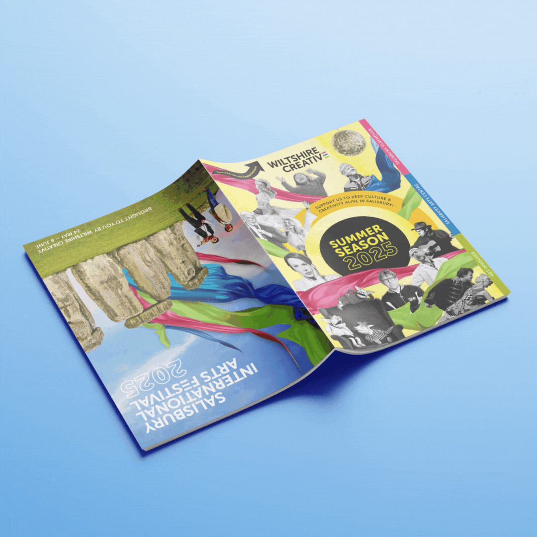 Wiltshire Creative summer season brochure front cover spread showing the split cover design with the Salisbury international arts festival 2025 shown.