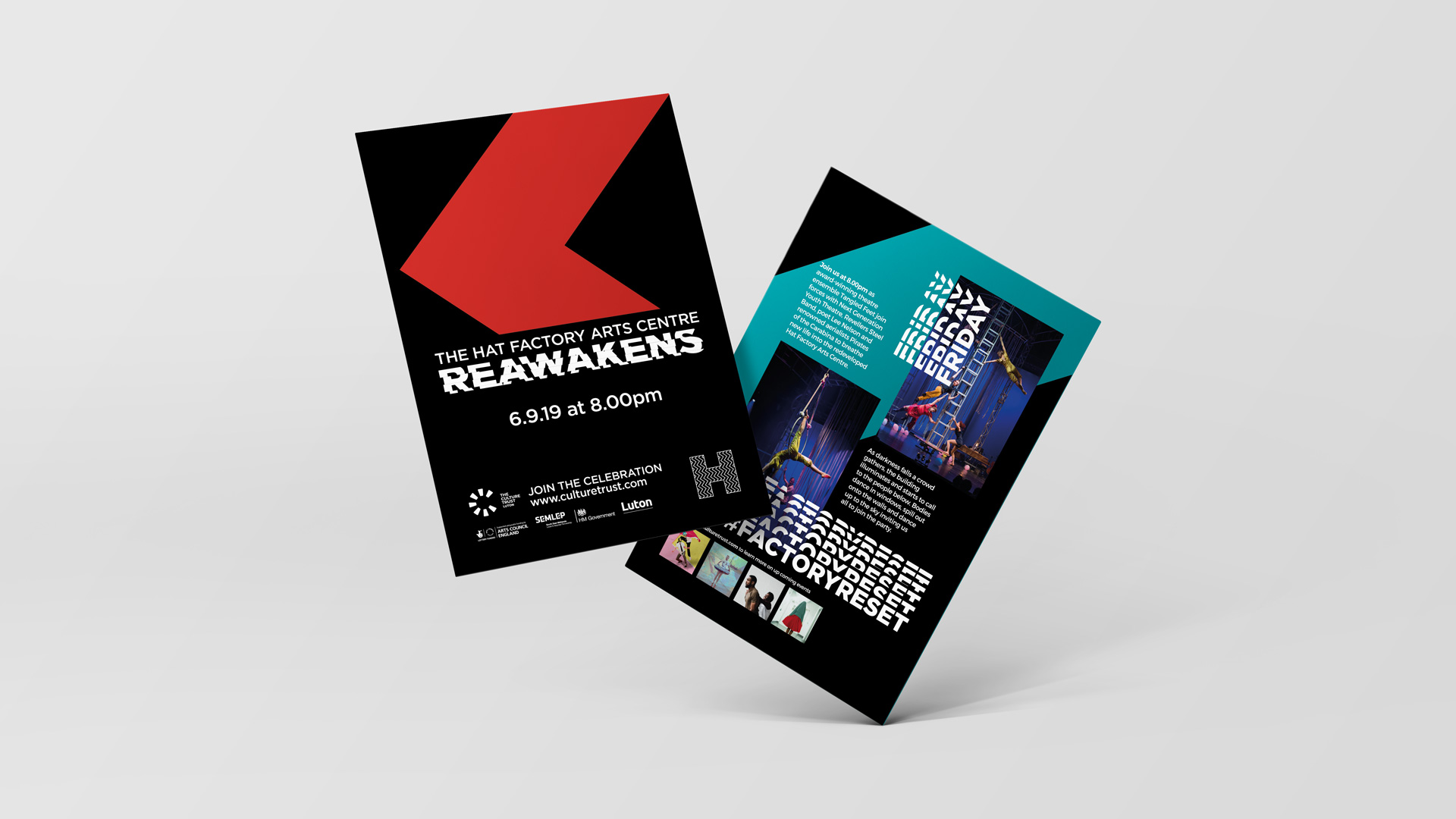 Mock-up showing the front and back of the hat factory flyers.