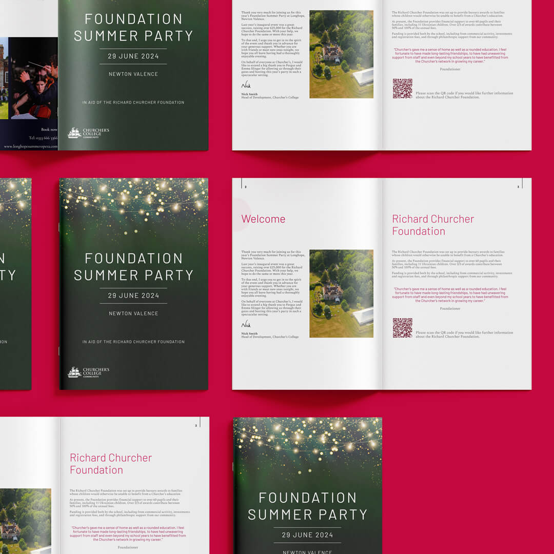 Front cover and open double page spread from Churcher's College Foundation summer party brochure, mocked up multiple times on a red background.
