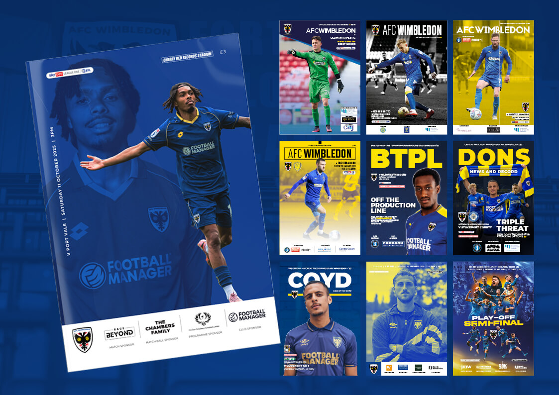 A mock-up showing the seasonal evolution of the AFC Wimbledon programme since The Graphic Design House have began designing it.