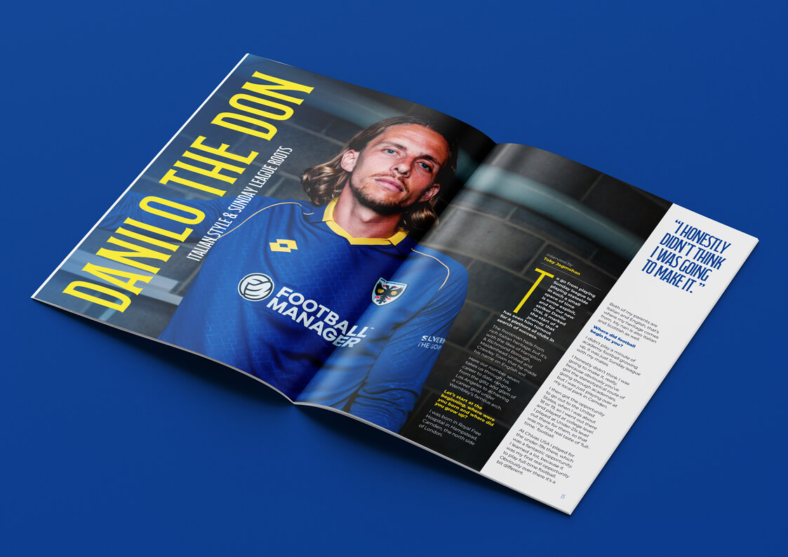 A mock-up showing a featured interview for the AFC Wimbledon matchday programme.