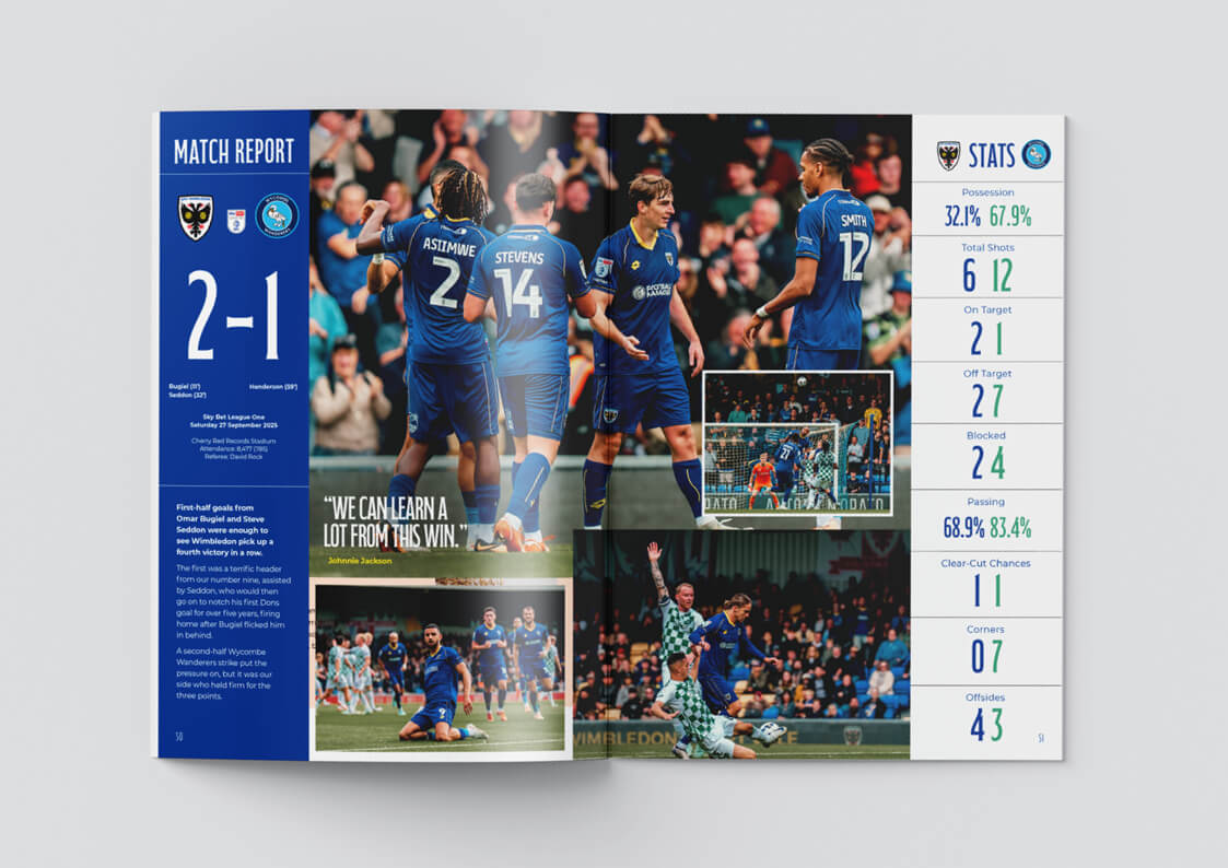 A mock-up showing a spread from AFC Wimbledon's matchday programme for a match report.