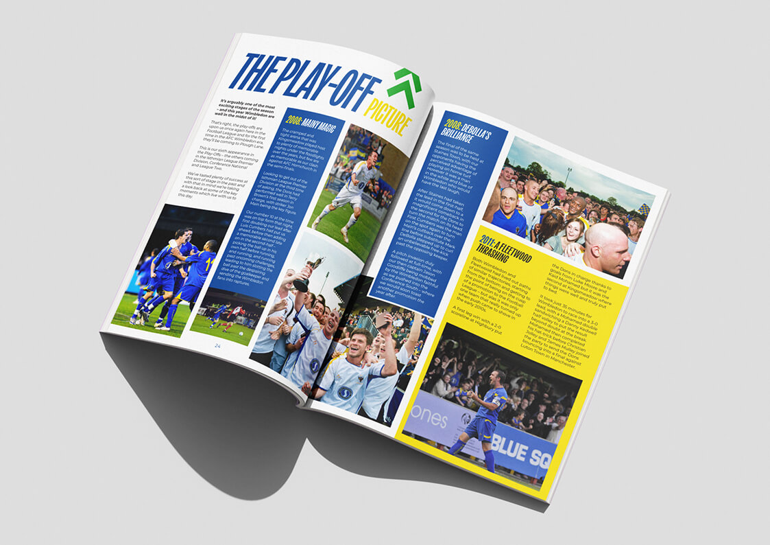 A mock-up showing a spread of the AFC Wimbledon matchday programme.