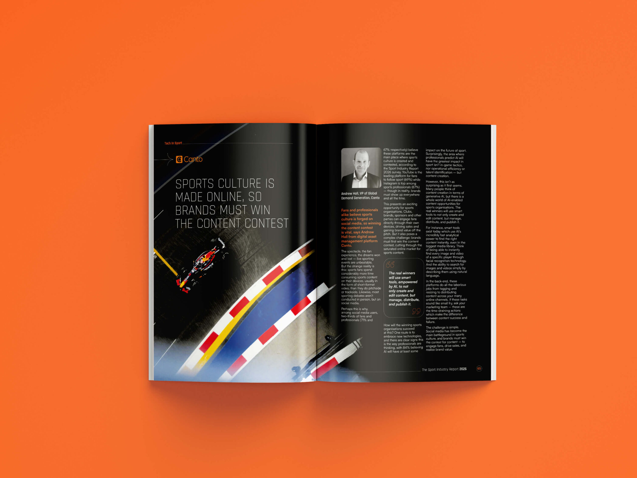 A mock-up of the Sport Industry Report 2026 spread on a orange background.