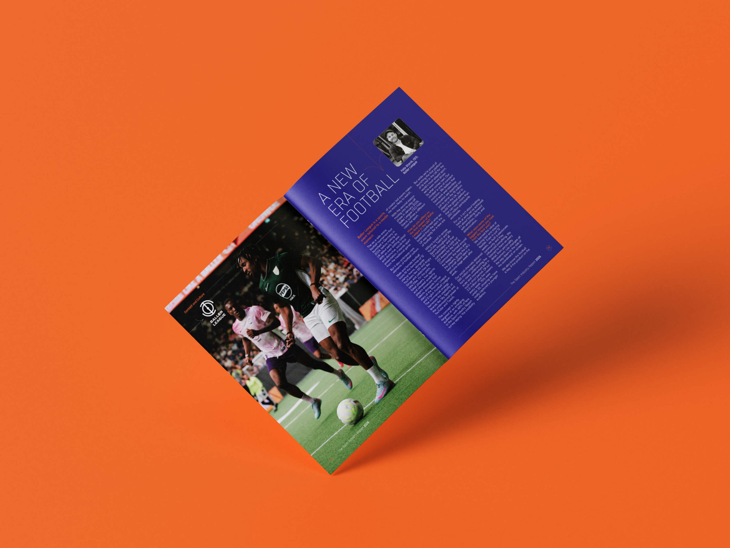A mock-up of the Sport Industry Report 2026 spread titled 'a new era of football' a orange background.