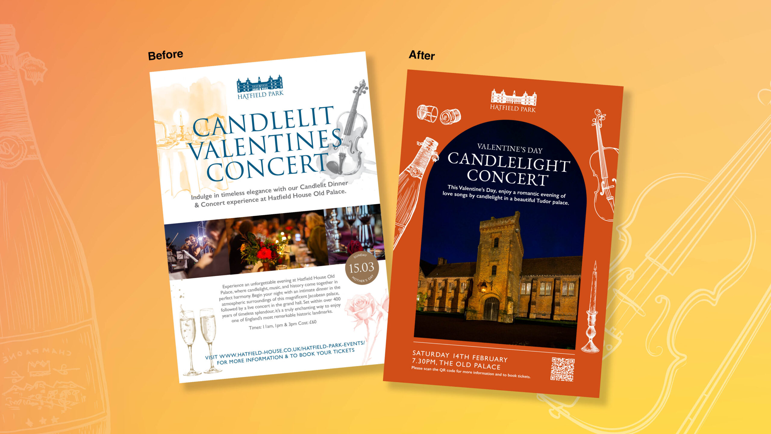 A mock-up showing the before and after of a candlelight concert leaflet for Hatfield Park, part of Gascoyne Estates. 