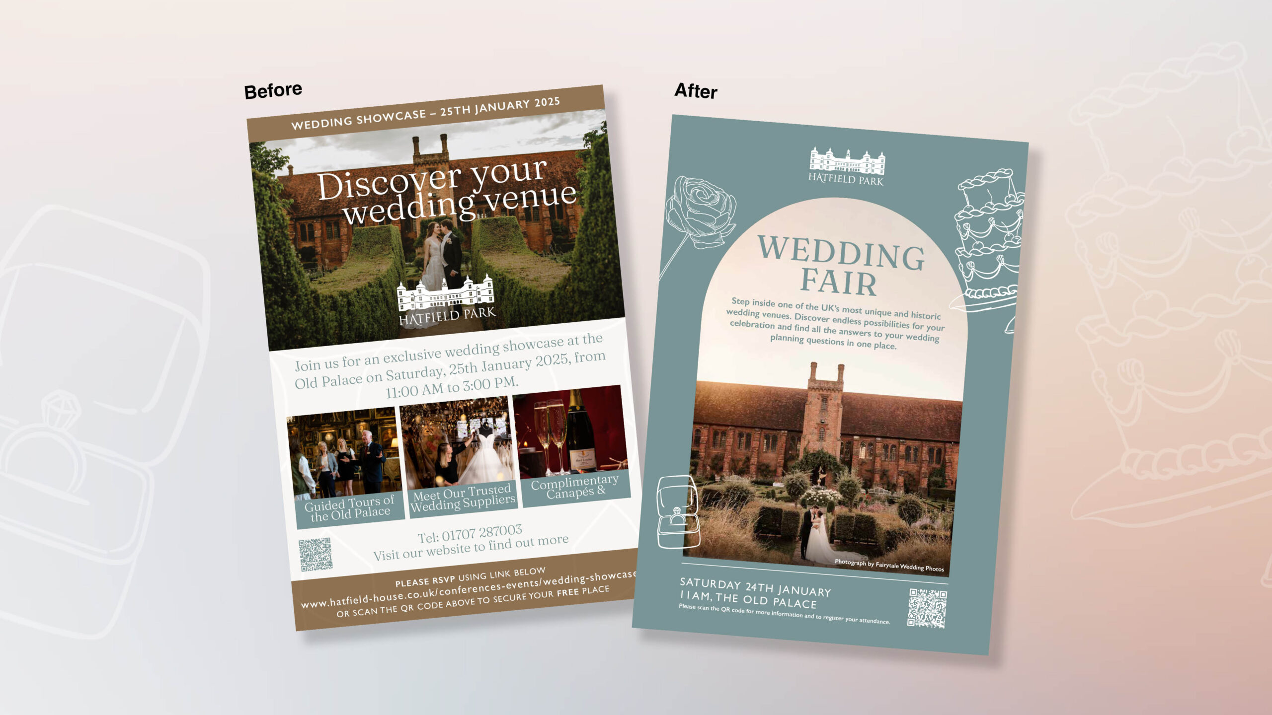 A mock-up showing the before and after of a wedding fair leaflet for Hatfield Park, part of Gascoyne Estates.