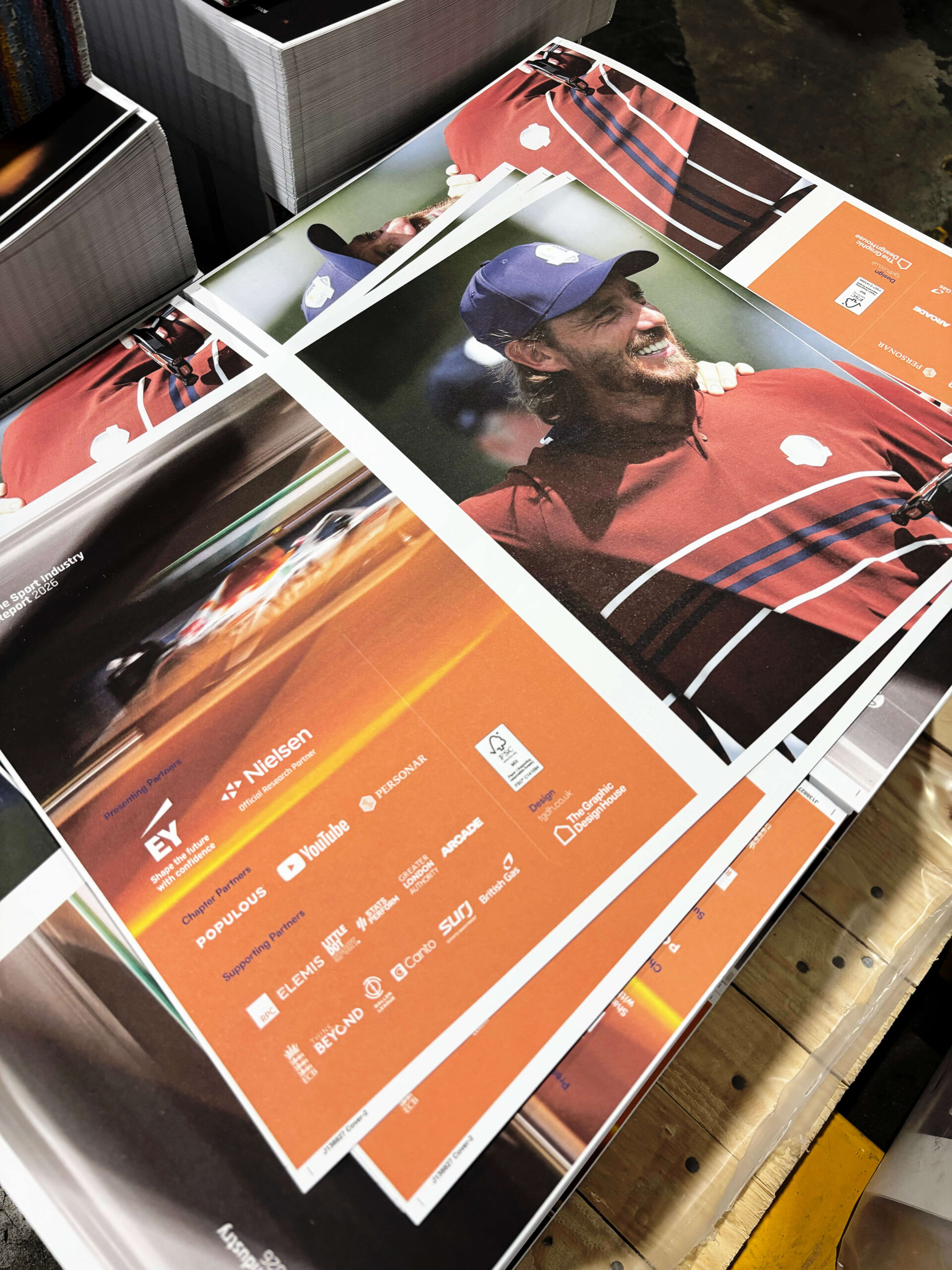 A photo of the Sport Industry Group's 2026 report in the Bishops Printers factory on a pallet.