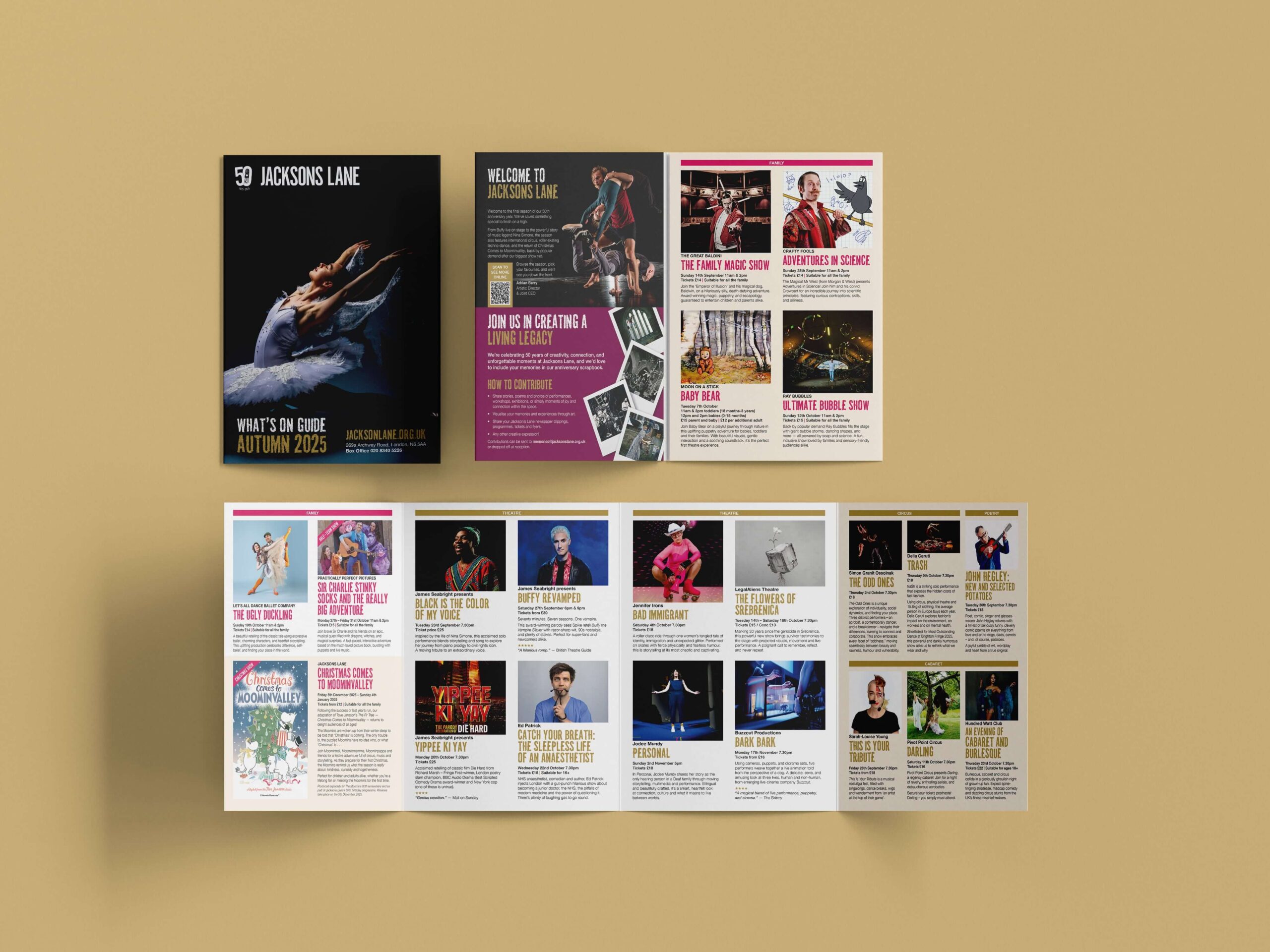 A mock-up showing the full spread of the Jacksons Lane 'What's On Guide Autumn 2025'
