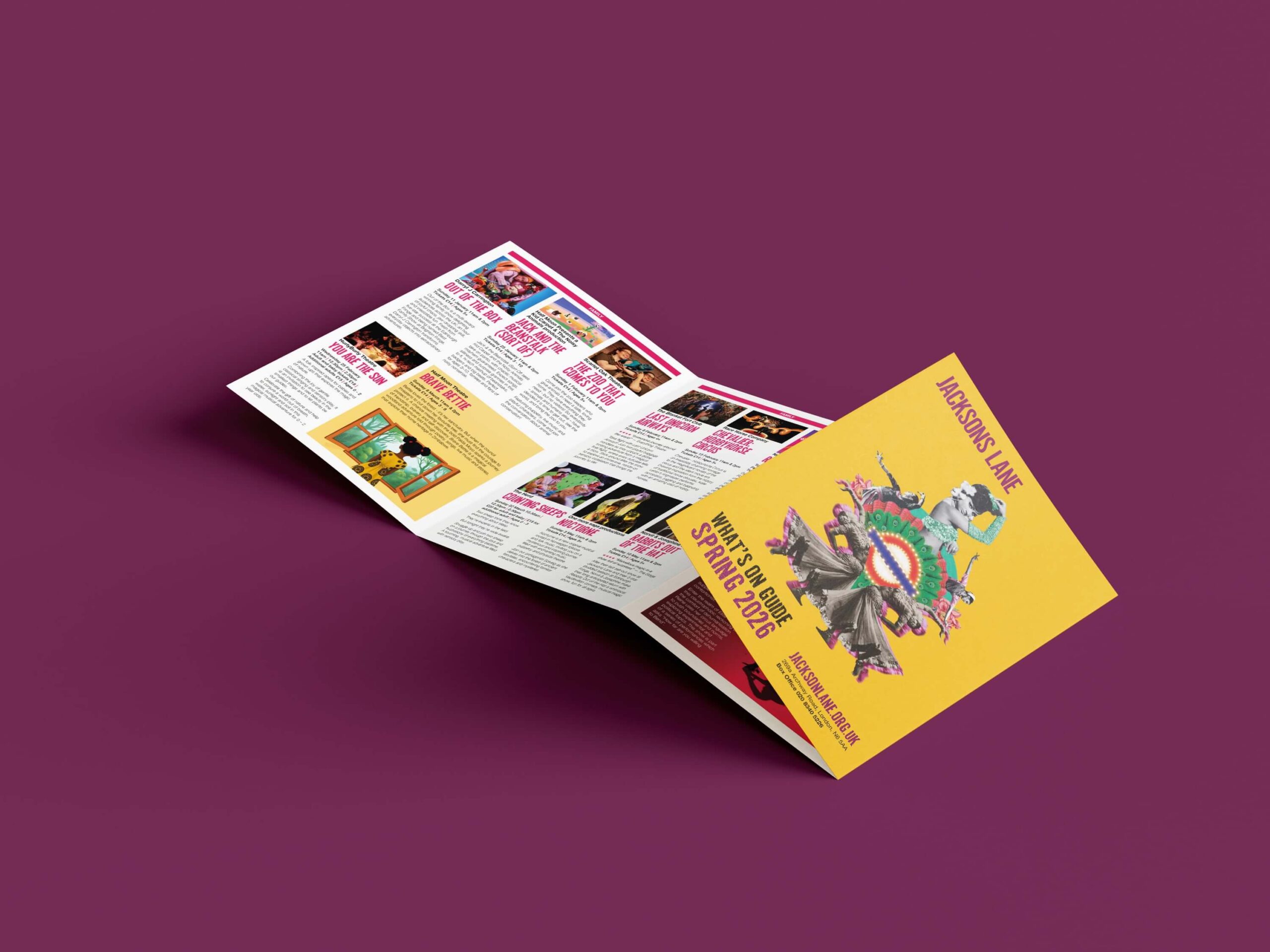 A mock-up showing the Jacksons Lane Spring 2026 'What's on' guide folded out.