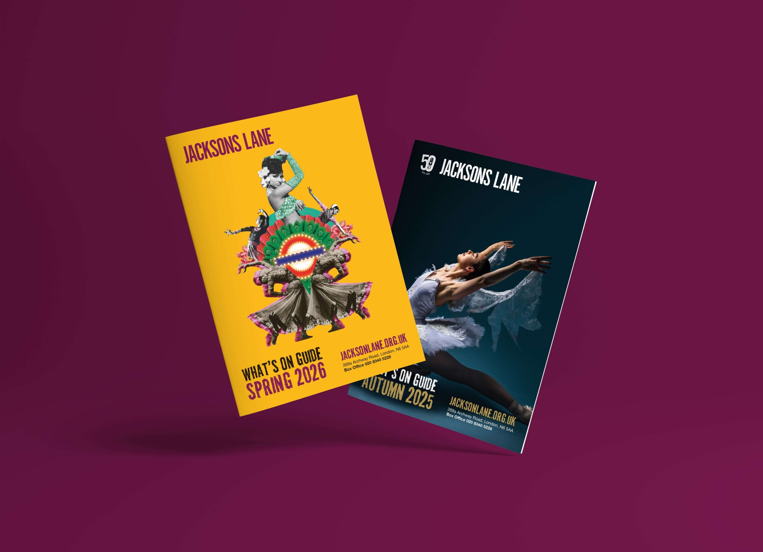 A mock-up showing the front covers of both the Autumn 2025 and Spring 2026 'What's on' guides on a purple background.