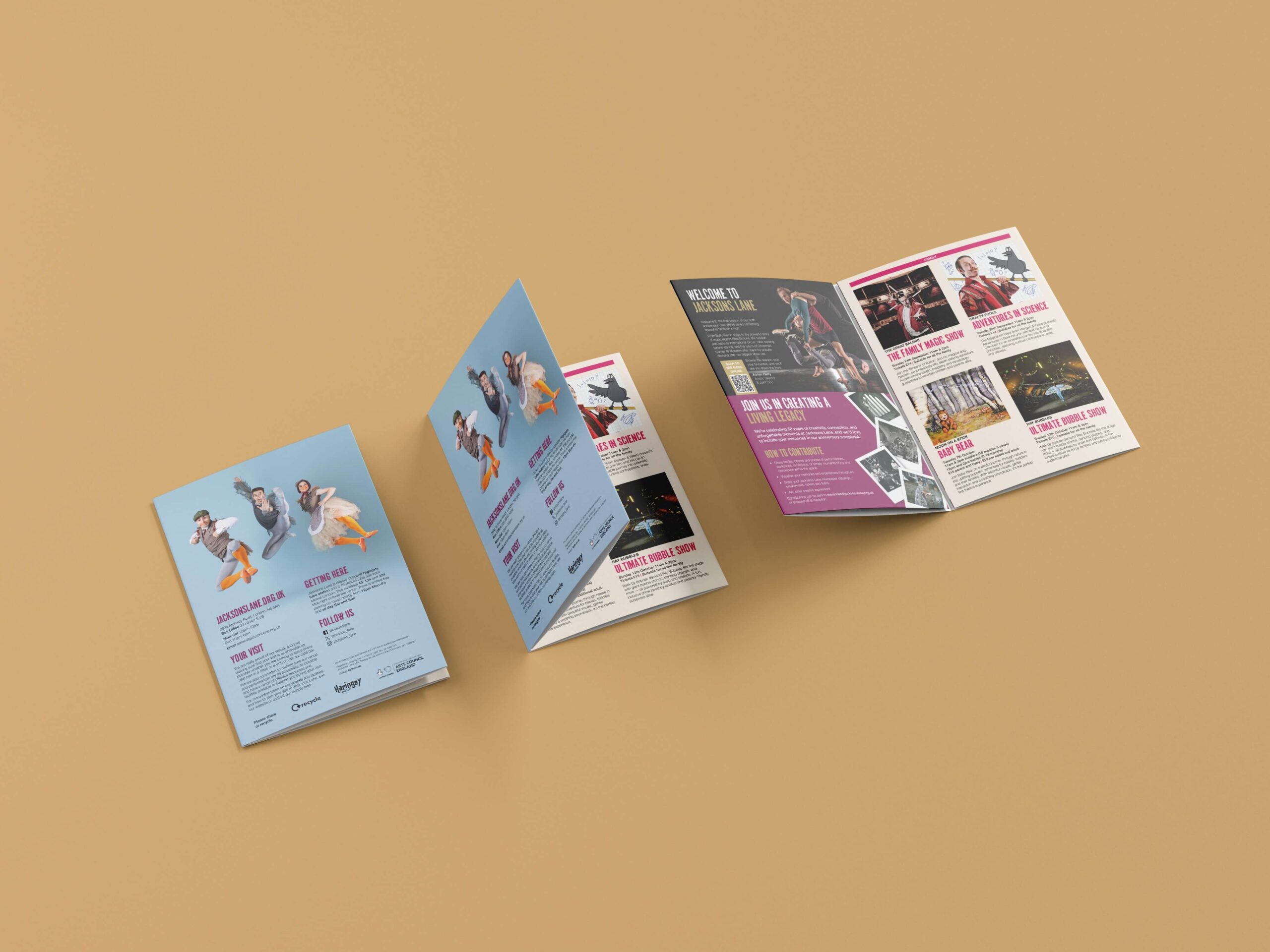 A mock-up showing the internal spreads of the Jacksons Lane 'What's on' guide.