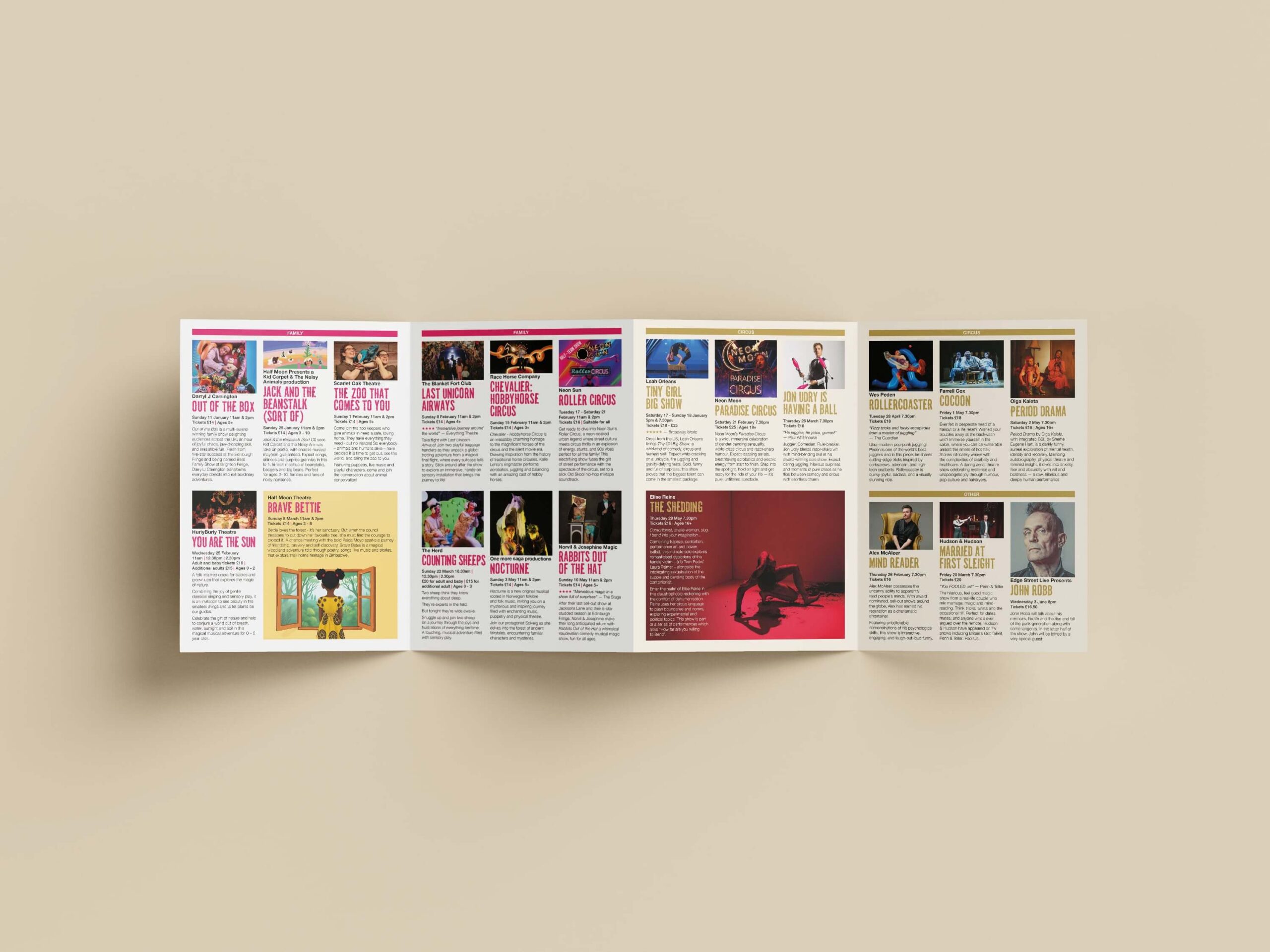 A mock-up showing the Jacksons Lane 'What's on' guide fully unfolded out showing 4 A5 pages.