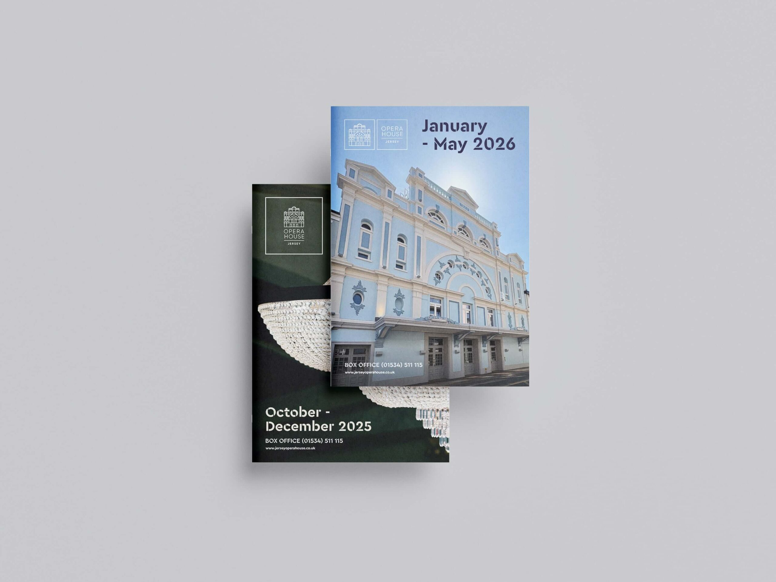 Mock-ups showcasing potential printed versions of the Jersey Opera House brochures for 2025 and 2026.